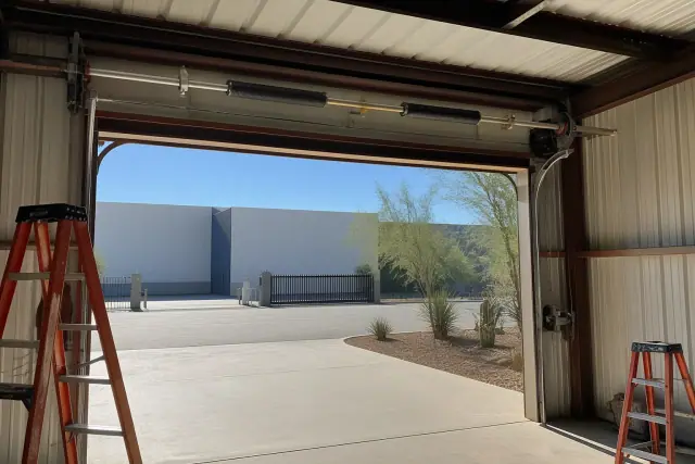 New commercial garage door torsion spring and high-lift track system installed at a warehouse in Avondale, AZ.