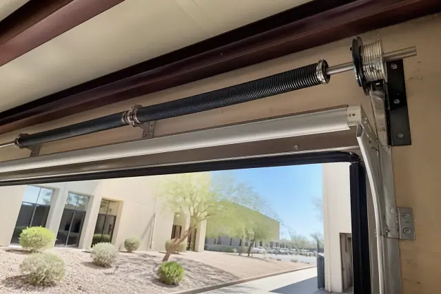 New heavy-duty torsion spring and cable installed on a commercial garage door track in Chandler, AZ.