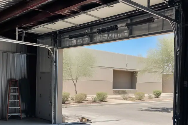 Commercial garage door repair showing new rollers and cables on warehouse tracks in Glendale, AZ.