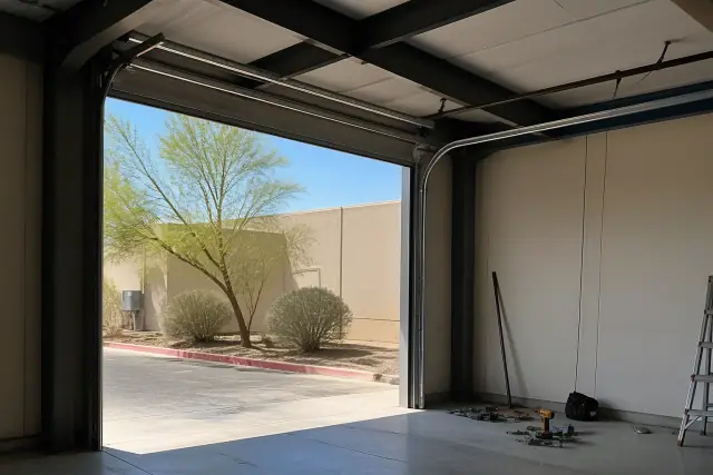 Commercial garage door repair in progress with tools and hardware in an industrial bay in Tempe, AZ.