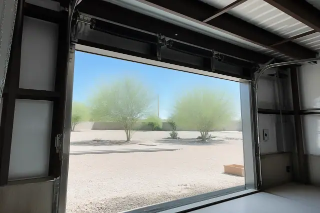 Technician installing a commercial garage door track and torsion springs at a job site in Goodyear, AZ.