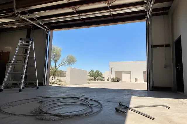 Technician repairing a commercial garage door track with a torsion spring wrench and frayed cables in Peoria, AZ.