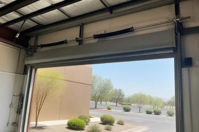 Commercial garage door with torsion springs and high-lift track at an industrial warehouse in Gilbert, AZ.