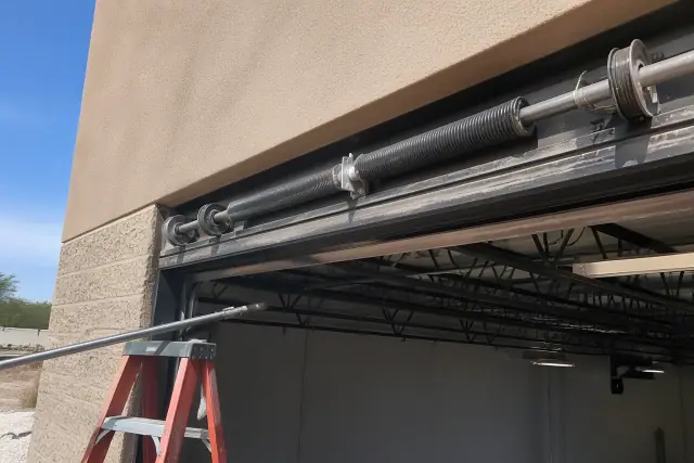 Torsion spring and cable repair on a commercial garage door at a worksite in Phoenix, AZ.