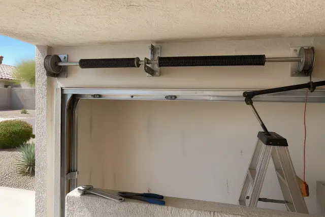 Torsion springs and cable drums on a garage door shaft during a repair in Phoenix, AZ.