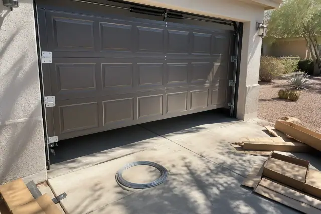New garage door installation with hardware and jobsite materials at a home in Phoenix, AZ.
