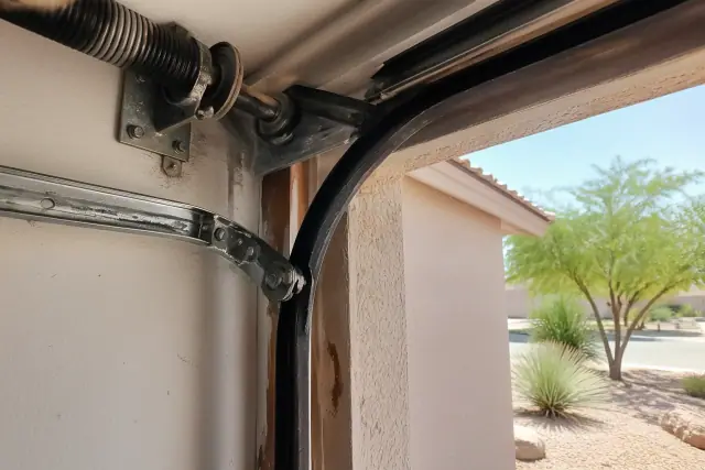Lubricated garage door rollers and tracks during a maintenance service at a home in Phoenix, AZ.