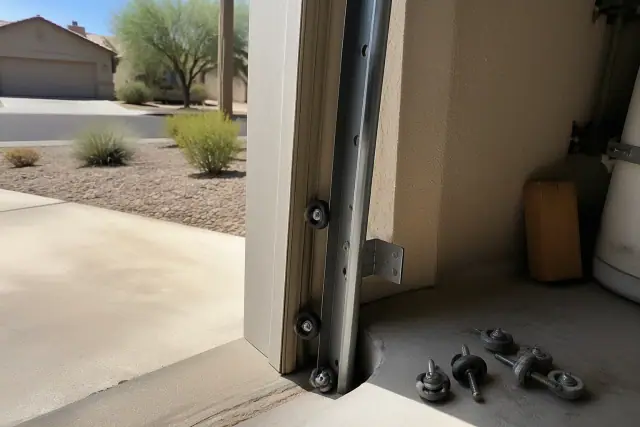 New steel garage door rollers installed in tracks with old rollers on the floor at a home in Phoenix, AZ.