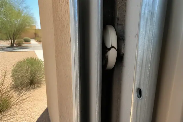 Fractured nylon roller with dust buildup in a commercial door track at a job site in Phoenix, AZ.