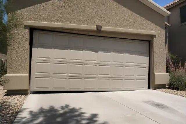 A tilted garage door with uneven cable tension on an asphalt driveway at a home in Phoenix, AZ.
