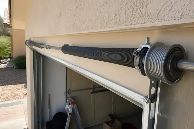 Torsion spring assembly on a garage door above a desert gravel landscape in Phoenix, AZ.