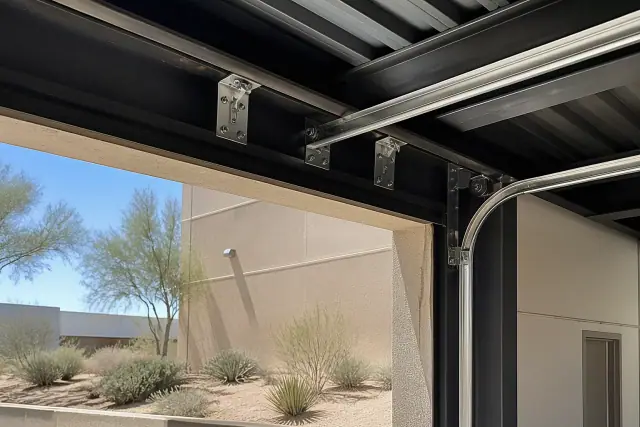 High-lift commercial door track system mounted to steel beams at an industrial warehouse bay in Phoenix, AZ.
