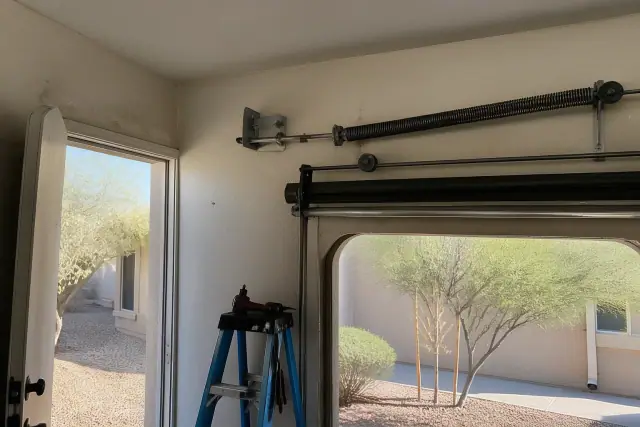 Extension-spring garage door cable repair on a wall in Phoenix, AZ, with visible desert landscaping.