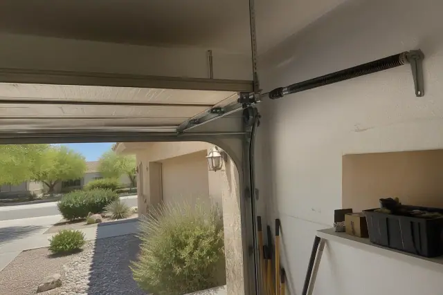 Extension spring garage door repair on a ceiling-mounted track at a home in Phoenix, AZ.