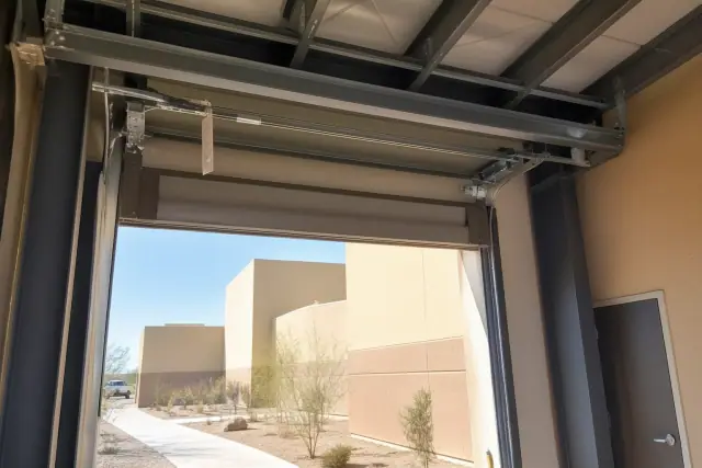 Fire-rated door assembly with a fusible link and certification tag on a metal track at a jobsite in Phoenix, AZ.