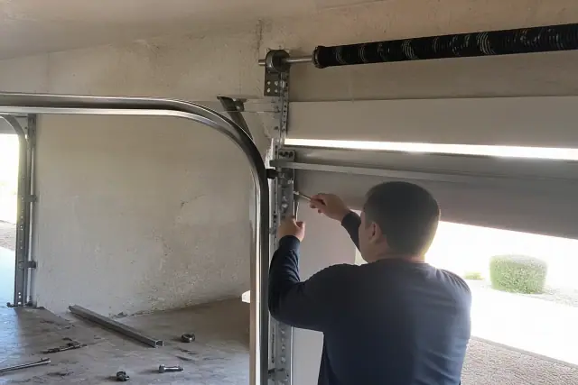 Technician installing new garage door tracks on an interior wall in a Phoenix, AZ garage.