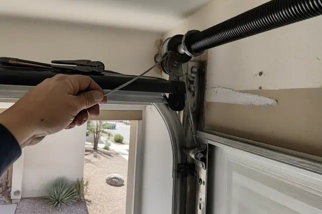 Garage door cable repair in progress near the ceiling assembly of a home garage in Tempe, AZ.