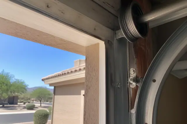 Garage door cable correctly threaded to the drum and track assembly during a repair in Goodyear, AZ.