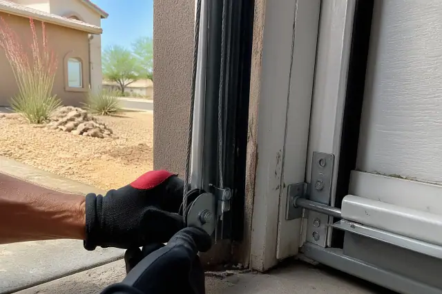 Technician hands repairing a garage door lifting cable and pulley on a stucco home in Phoenix, AZ.