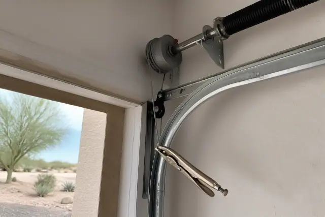 Technician repairing garage door cables near the tracks in a Phoenix, AZ garage with desert views outside.