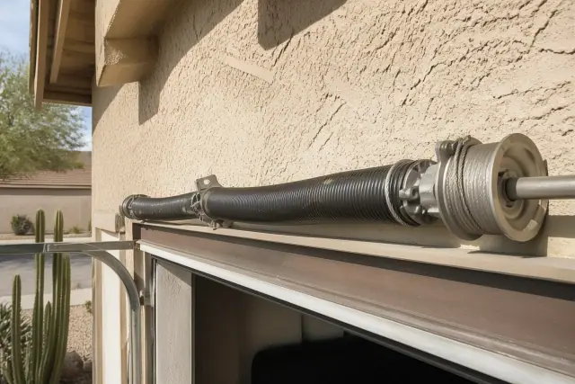 Torsion springs and cable drums on a garage door after maintenance in Avondale, AZ.