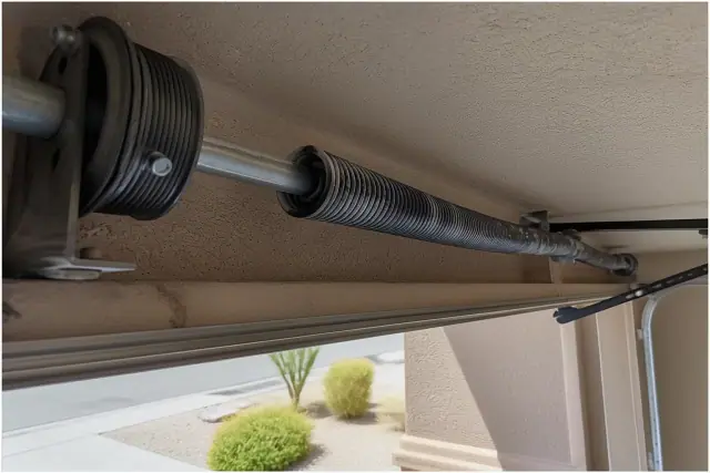 Torsion springs and cable drums on a garage door being maintained in Peoria, AZ.