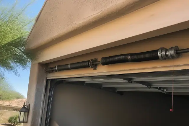 Torsion springs and cable drums on a garage door being serviced at a home in Phoenix, AZ.
