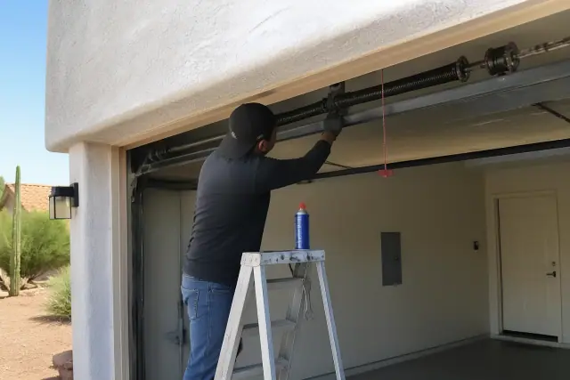 Contractor maintaining torsion springs on a garage door at a stucco home in Tempe, AZ.