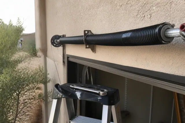 Technician maintaining torsion springs on a garage door in Scottsdale, AZ, with lubricant and a wrench on a ladder.