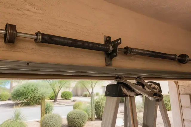 Technician performing maintenance on garage door torsion springs at a home in Mesa, AZ.