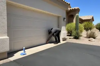 Service professional inspecting the weather seal on a garage door at a home in Phoenix, AZ.