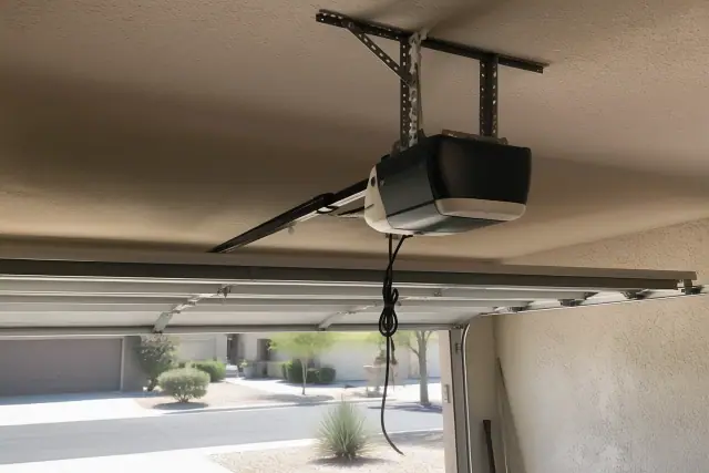 Garage door opener motor mounted to ceiling brackets during installation in a garage in Goodyear, AZ.