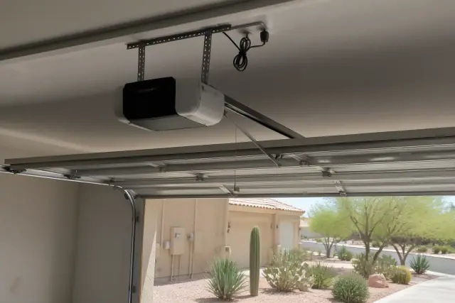 Garage door opener motor installed on a ceiling in a Phoenix, AZ garage with visible wiring and a drive rail.