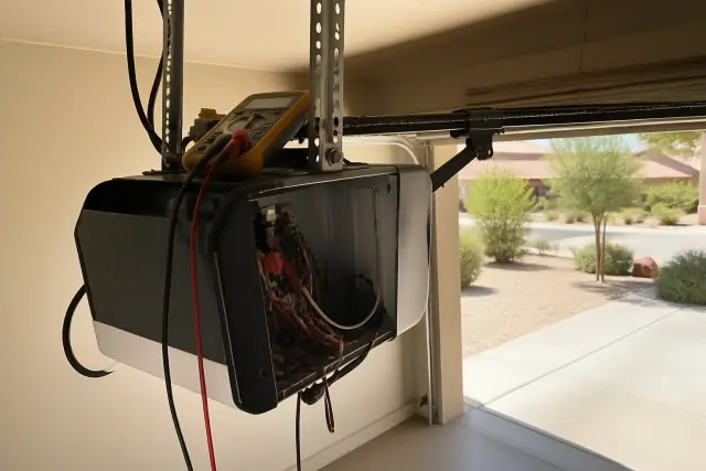 Garage door opener motor assembly under repair with a multimeter in Phoenix, AZ.