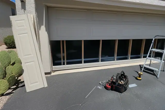 Garage door panel replacement in progress on a home in Tempe, AZ, with a removed panel propped against the garage.