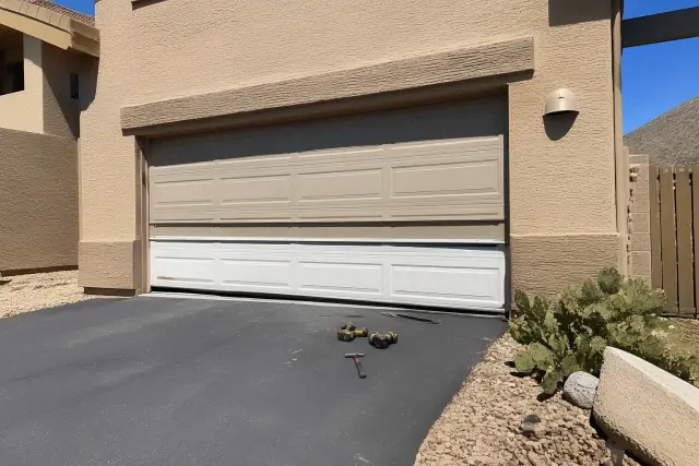 Garage door panel replacement in progress on an asphalt driveway at a home in Phoenix, AZ.