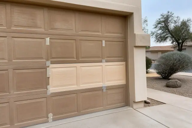 A new garage door panel installed on a home in Avondale, AZ, featuring fresh hardware and protective tape.