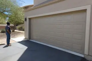 Technician inspecting a new garage door panel installation at a residential home in Phoenix, AZ.