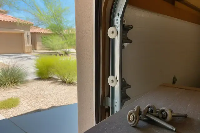 New nylon garage door rollers installed in a metal track at a home in Peoria, AZ.