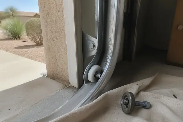New nylon garage door roller in a metal track with an old worn roller on a drop cloth at a job site in Surprise, AZ.