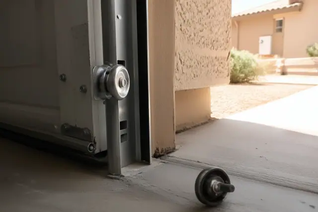 New garage door rollers installed in a metal track at a home in Phoenix, AZ, with an old worn roller on the floor.