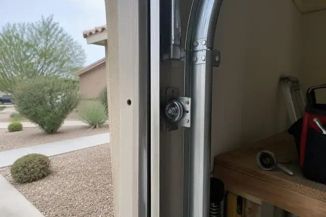 New steel roller in the track of a garage door at a home in Goodyear, AZ with an old worn-out roller on a workbench.