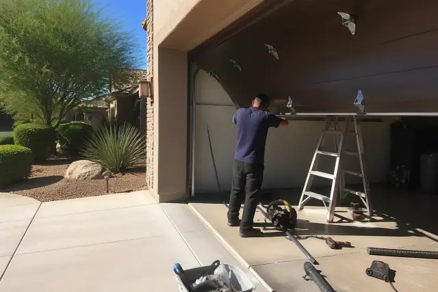 Technician installing a garage door panel with tracks and tools in a residential driveway in Phoenix, AZ.