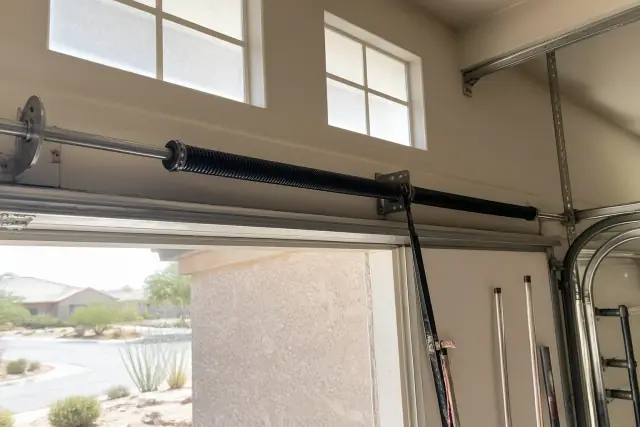 New torsion springs installed on a metal shaft above a garage door in a Glendale, AZ residential workshop.