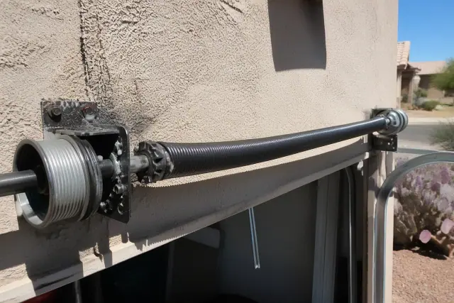 New torsion spring installed on a metal shaft above a residential garage door in Peoria, AZ.