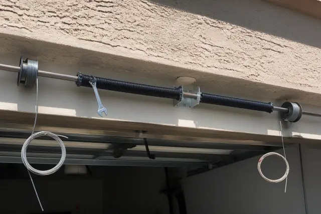 Garage door torsion spring repair on a residential door in Scottsdale, AZ with tools resting on the metal shaft.