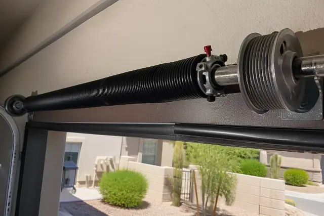 New garage door torsion spring installed on a metal shaft at a home in Surprise, AZ.
