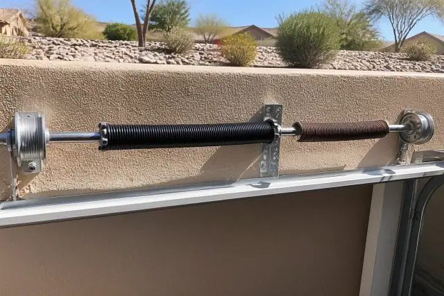 New torsion spring installed on a garage door shaft in Gilbert, AZ, with an old spring fragment nearby.