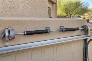 New garage door torsion springs and cable drums mounted on a stucco wall in Phoenix, AZ.