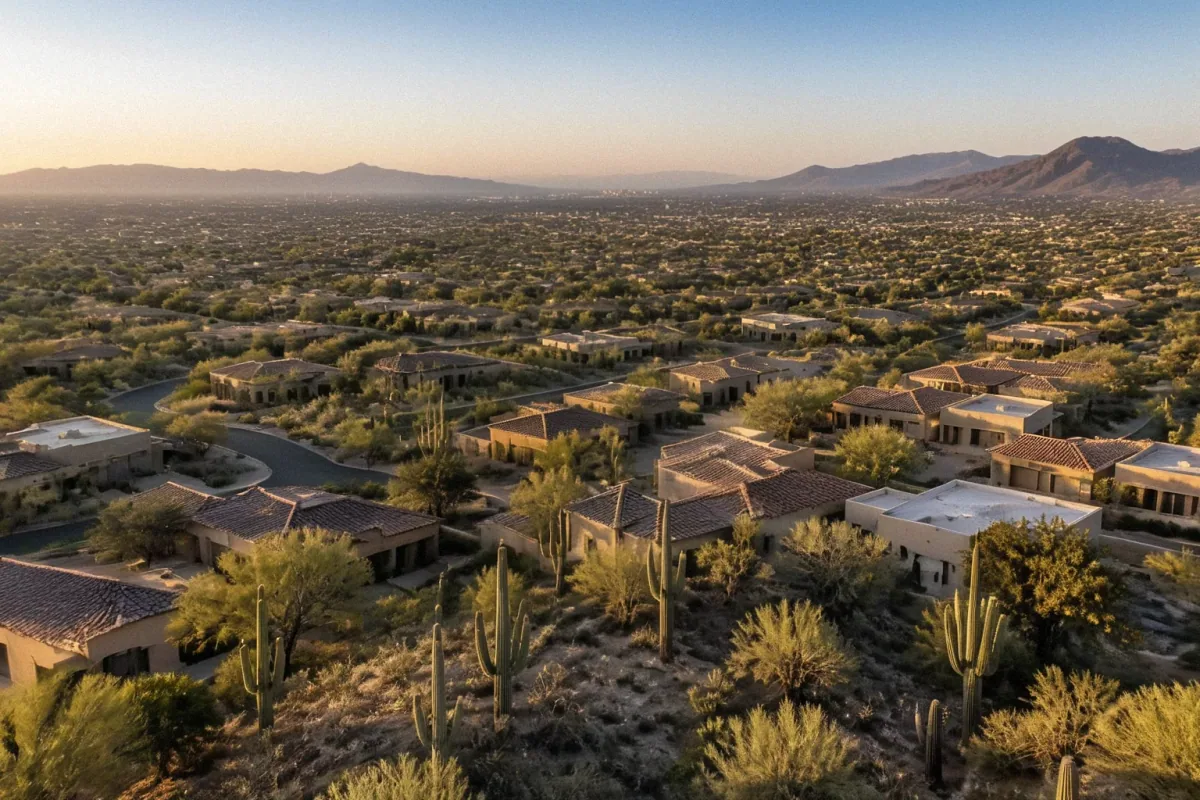 Aerial view of a Phoenix, AZ suburban neighborhood featuring stucco houses, desert landscaping, and Saguaro cacti.